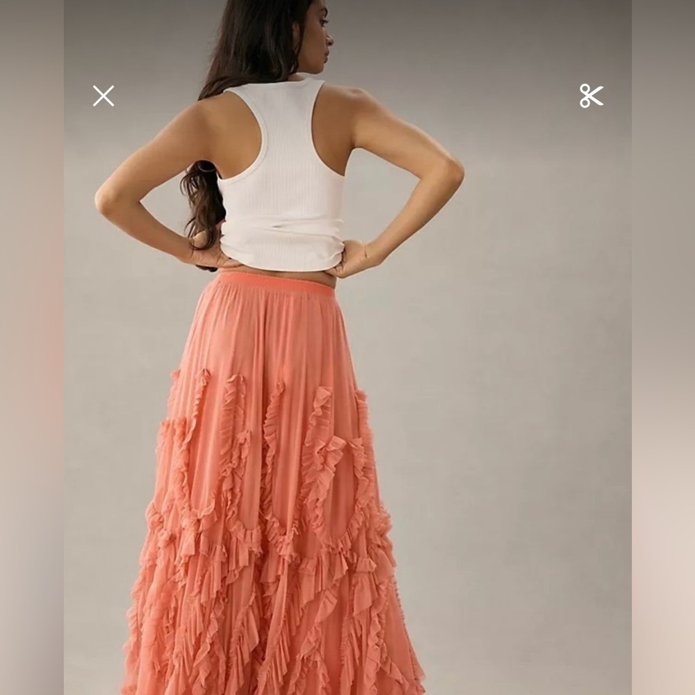 Anthro ruffle tulle & mesh midi skirt, gorgeous coral color, elastic waist, NWOT - Picture 9 of 13